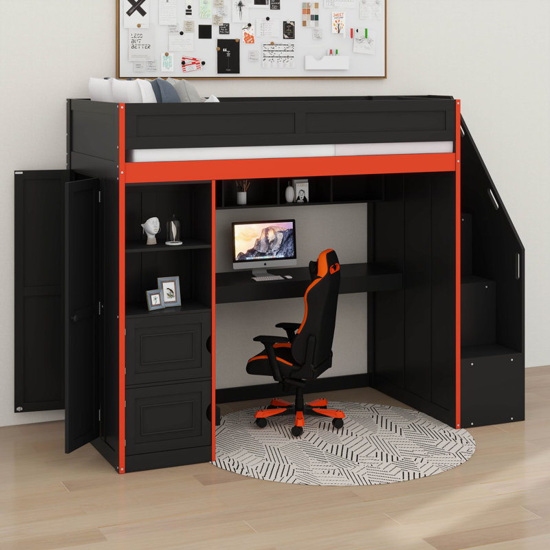 Lit mezzanine en bois avec bureau et rangement, bibliothèque et tablettes ouvertes Gaming, Lit simple