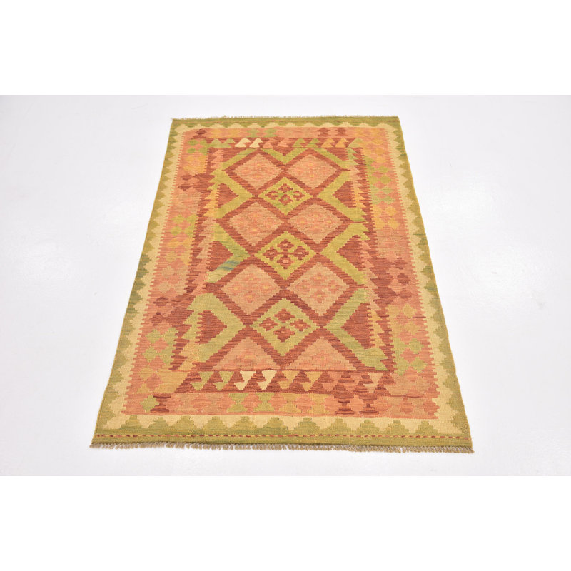 Tapis en laine rouge/saumon 3 pi 3 po x 5 pi one-of-kind à la main noué la new age Elland
