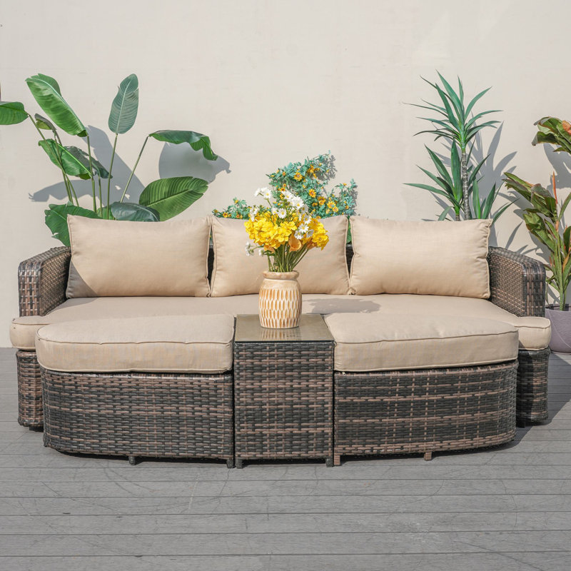 Anazco 89'' Wide Curved Patio Daybed with Cushions, Brown, Beige