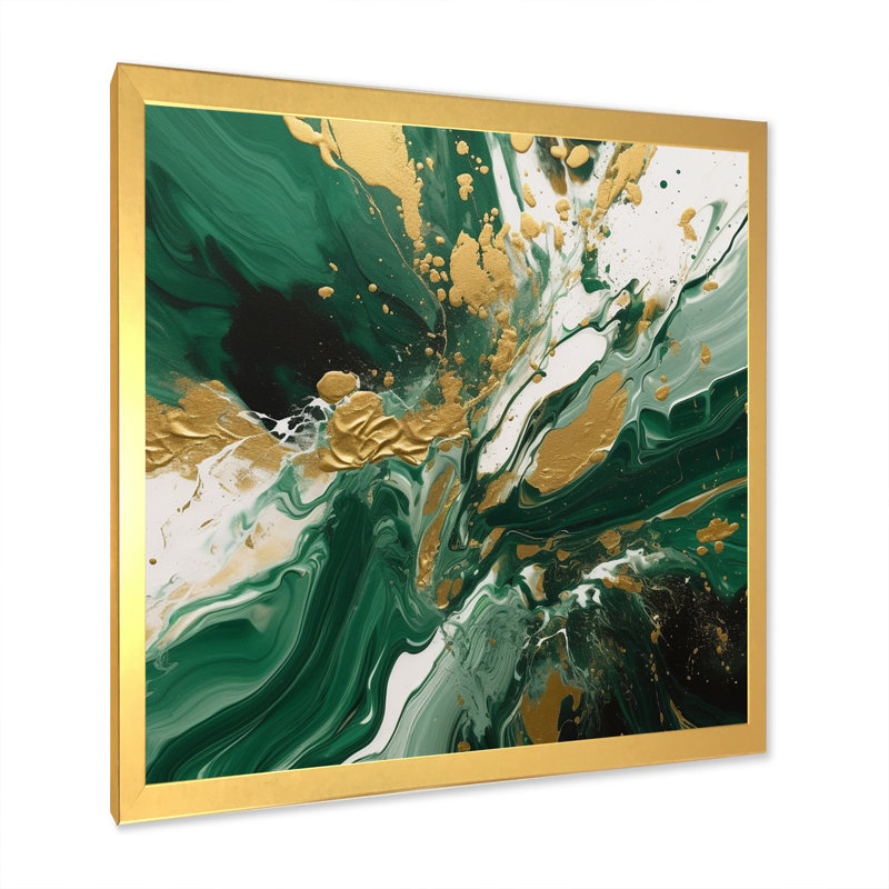 Green And Gold Liquid Magic I - Abstract Canvas Wall Art, Gold, 36" H x 36" W, Picture Framed