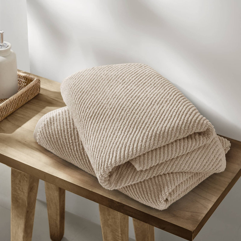 Diagonal Ribbed Beige 100% Cotton Quick Dry 4-Piece Bath Towel Set, Beige, Bath Towels - 4 Pack