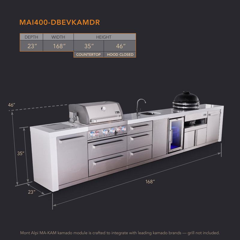 Mont Alpi 4-burner 178" Deluxe Stainless Steel Island Modular Outdoor Kitchen Island Bbq Gas Grill + Infrared Side Burner + Beverage Center Faucet & Sink + Kamado + Storage Drawers & Cabinets