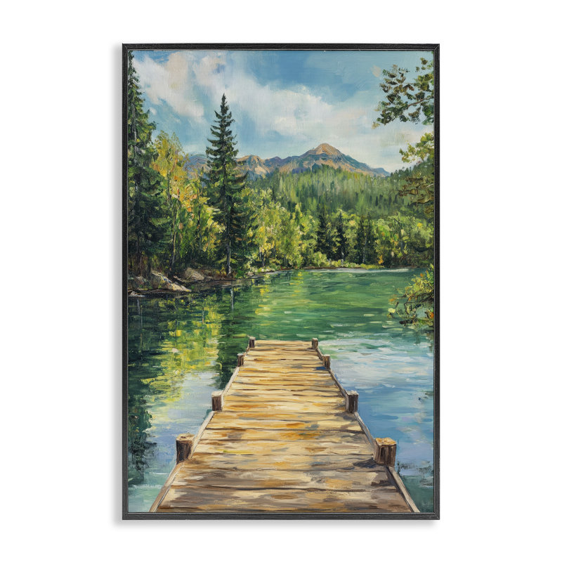 Sunlit River Dock, estampe numérique, design par Petal Prints Design, 18 po x 12 po, Giclée noire de minuit encadrée