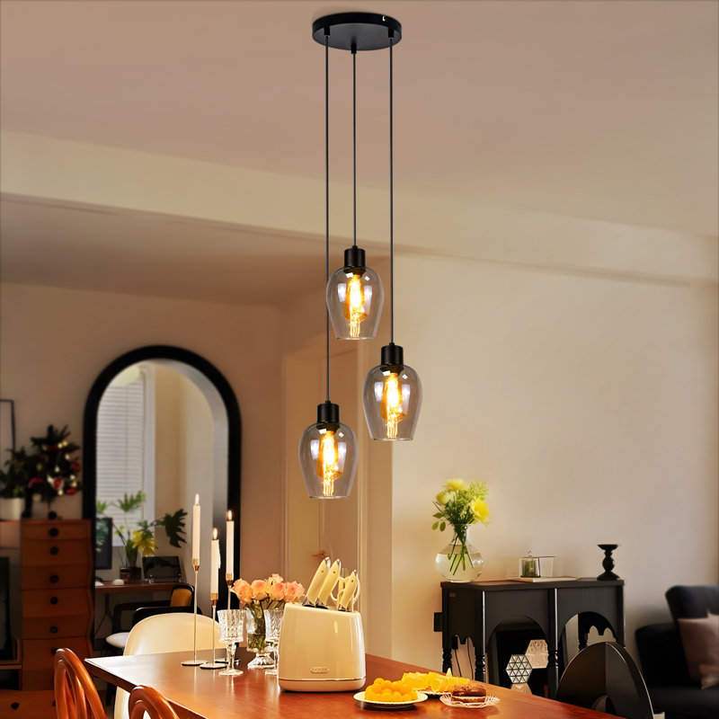 3‑Light Smoked Grey Glass Kitchen Island Pendant