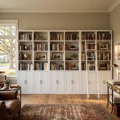 Ensemble de grandes bibliothèques blanches l 3 3 "avec échelle, tablettes ouvertes, portes à persiennes Pierce