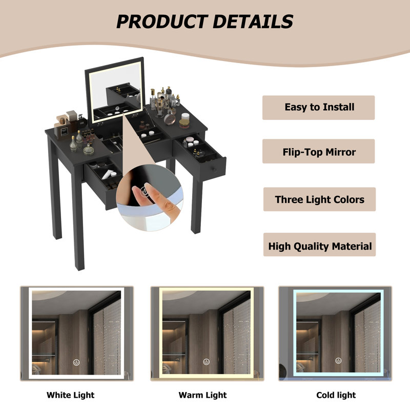 Black Make Up Vanity with LED Lights and Flip-Top Mirror
