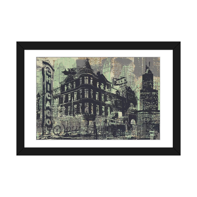 Chi-Town, impression sur toile tendue, H 24 po x l 32 po x P 1 po, Papier d'art encadré noir, Blanc