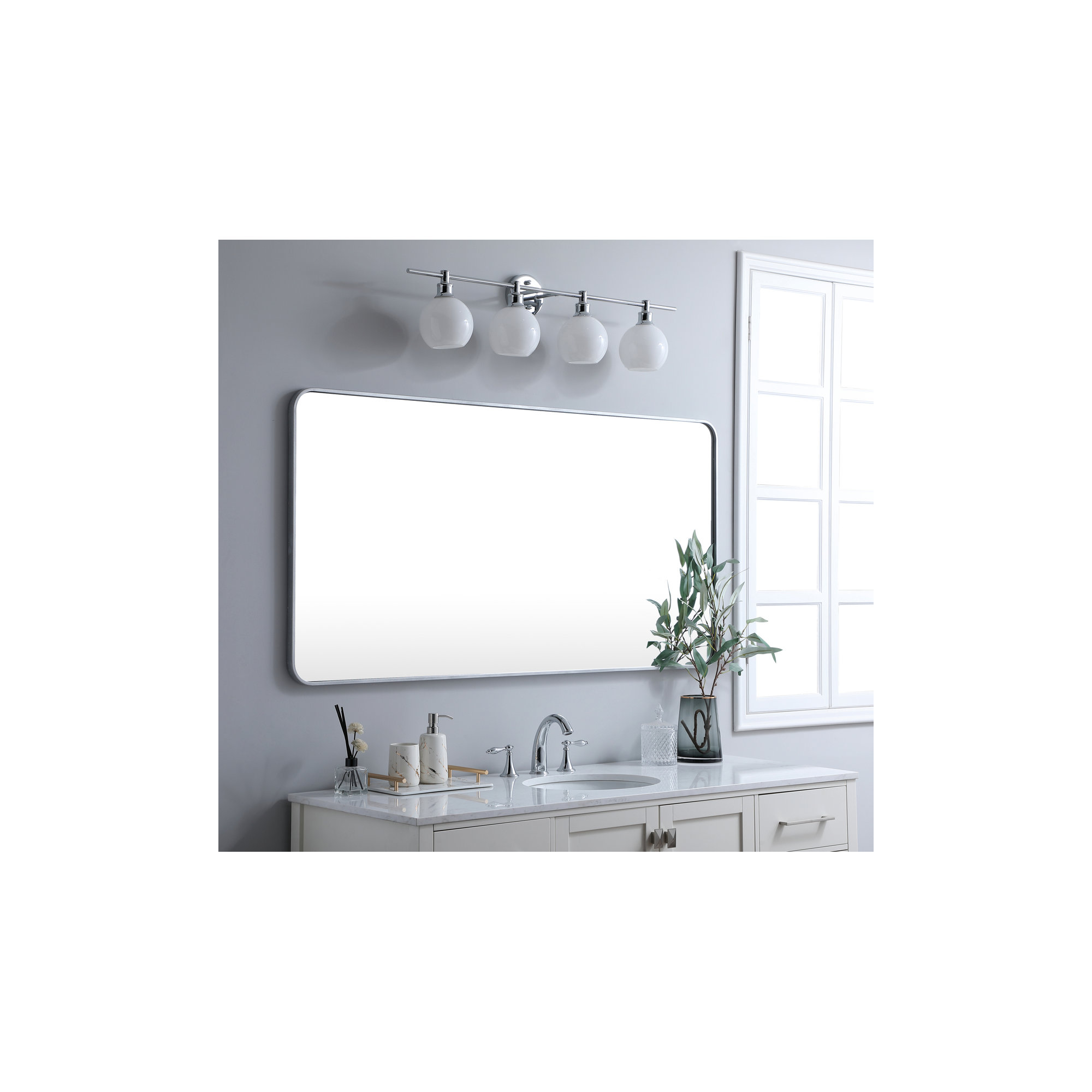 Sabine Metal Rounded Rectangle Wall Mirror, 60" x 30", Silver