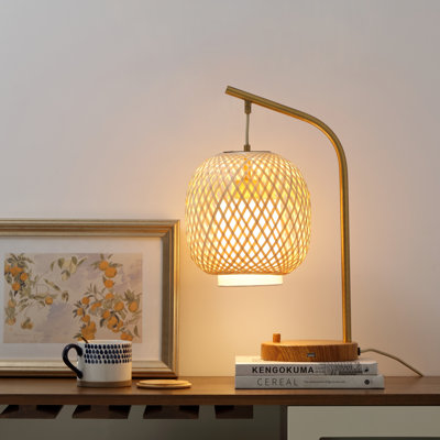 VidaLite - FOS Boho Brass Dimmable Table Lamp With hand Woven Bamboo Shade, Walnut Finish Base USB Port