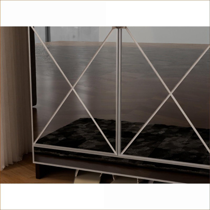 Armoires | Armoire de rangement à chaussures moderne à double porte avec miroir, finition noyer, bordure argentée brossée | Contemporain | Hall d'entrée