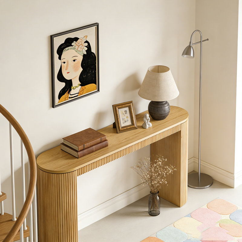 Curved Design Console Table with Unique Vertical Stripe Design, Naturel