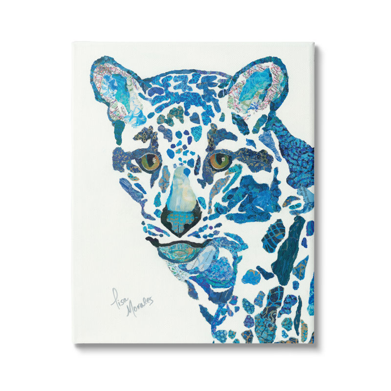 «Clouded Leopard Collage Blue» par Lisa Morales - Peinture, Toile tendue, H 20 po x l 16 po x P 1,5 po