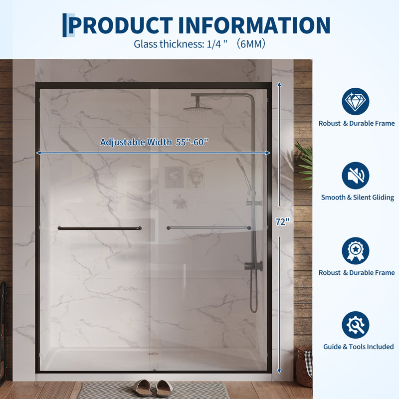 Shower Door 55-60 Inch Adjustable Width, 72 Inch Height x 1/4 Inch Tempered Glass, Black Frameless Sliding Bathroom Door, Black