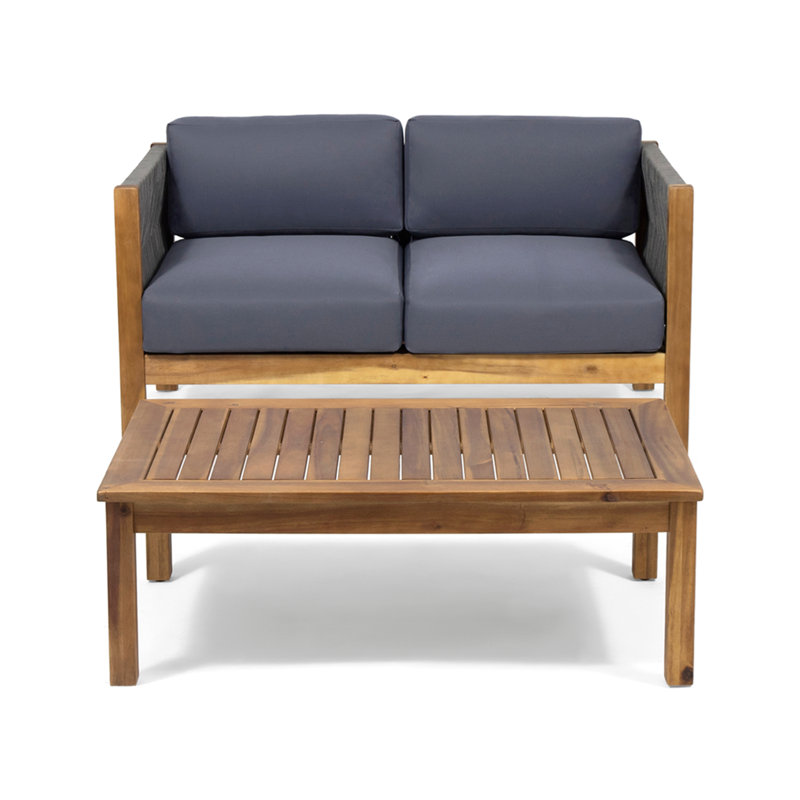 Patio Loveseat And Coffee Table Set, Patio Furniture Set With Cushion, Acacia Wood Frame Conversation Set For Garden, Backyard, Porch And Poode, Minimalistic Style