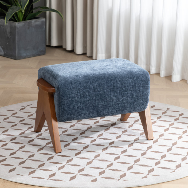 Kyajah Solid Wood Chenille Upholstered Ottoman, Blue
