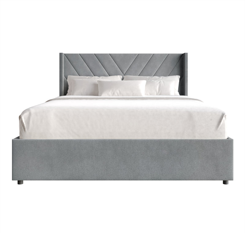PLATE-FORME À RANGEMENT PLEIN GRAND LIT DE RANGEMENT EN VELOURS GRIS CLAIR, Gris clair, Lit double