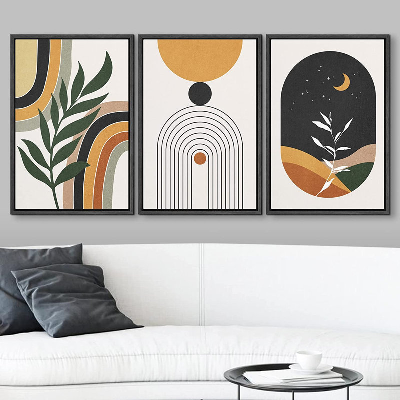 Mid Century Modern Boho " Mid-Century Modern Crescent Moon Plant Landscape Nature Abstract Wall Art " 3 - Pieces