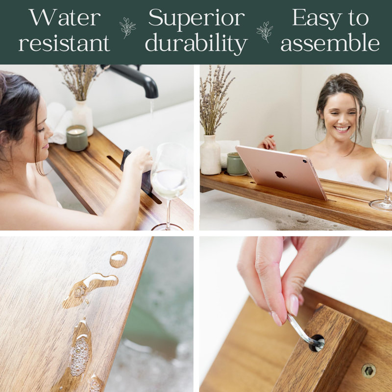 Grand et épais, plateau de bain en bois d'acacia massif pour baignoire | Serviteur de baignoire anti-basculement, non toxique et durable | Plateau de baignoire réglable pour baignoires autoportantes | Design luxueux