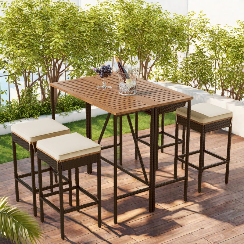 5-piece Outdoor Dining Table Sets Included 1 Foldable Table And Stools With Cushions, 4