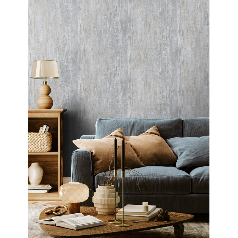 Arisdelsy Metallic Wooden Plank 10.05m x 53cm Textured Wallpaper Roll, Beige/Blue