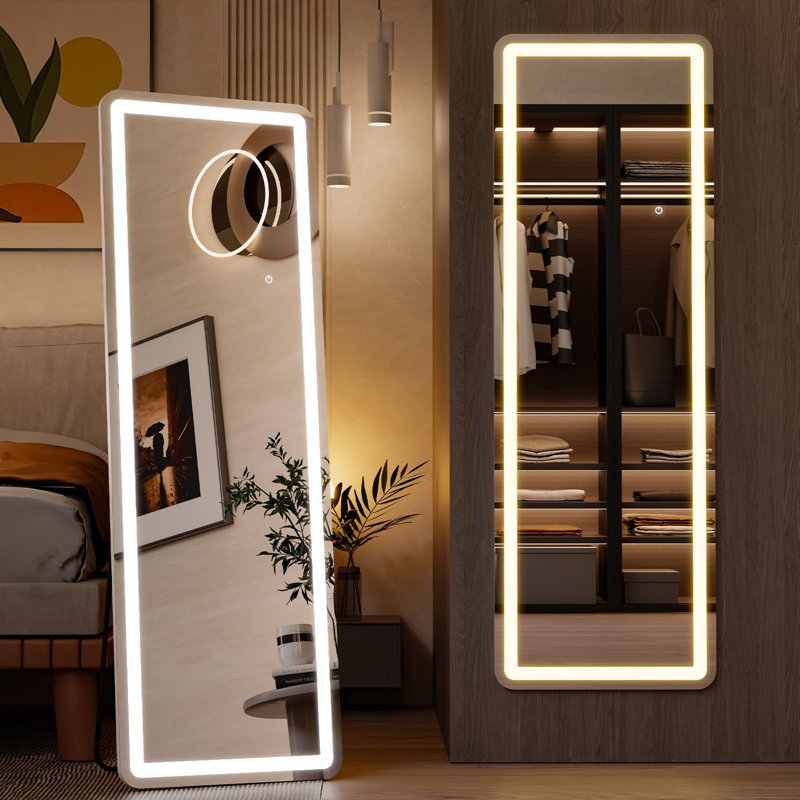 Full Length Mirror With LED Lights, Floor Mirror With Dimming & 3 Color Lighting, Led Mirror Full Length With Stand For Bedroom, Dressing Room,(Rectangle/White-Led)