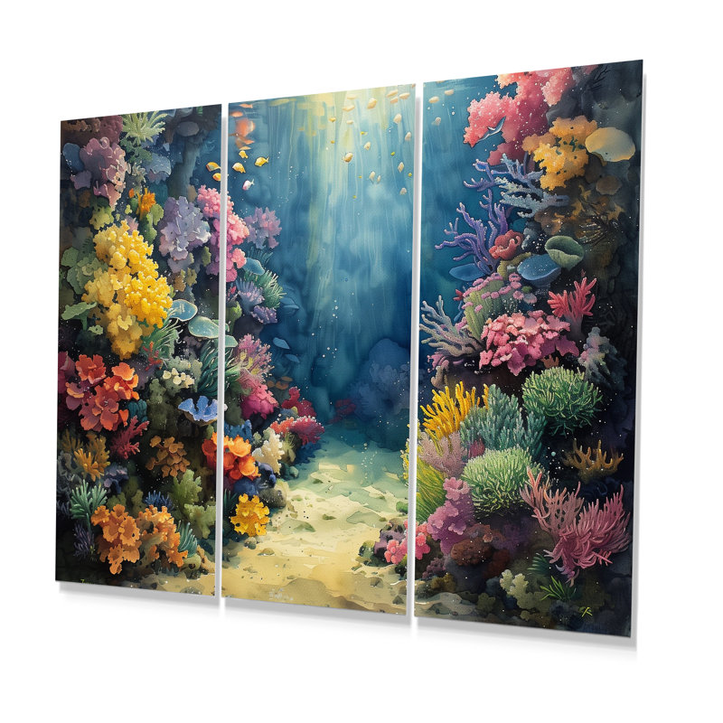 Blue Coral Sea Floor Symphony II «Blue Coral Sea Floor Symphony II» 3 pièces, Sans cadre, H 28 po x l 36 po x P 1 po