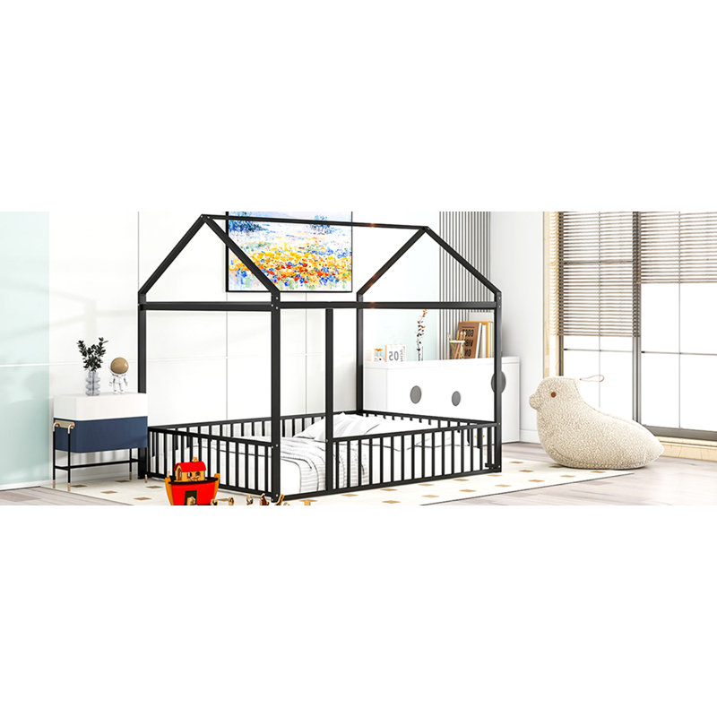 Structure de lit pleine grandeur en métal avec clôture, pour enfants, adolescents, filles, garçons, noir
