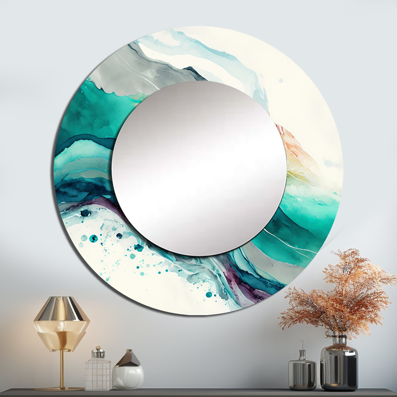 Celebrations In Turquoise Shades Of Blue II - miroir décoratif à encre liquide, grand miroir mural rond moderne, impression d'art en métal