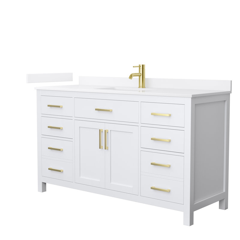Beckett 60" Freestanding Single Bathroom Vanity with Quartz Top, White Quartz, White, Brushed Gold