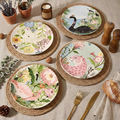 4-Piece 8.5-Inch Ceramic Dinner Plate Set With Artistic Illustration Prints, Perfect For Desserts, Salads, Pasta And Pizzas, Dishwasher And Microwave Safe.