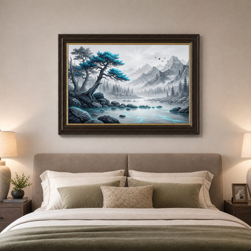 Tableau sur toile représentant un paysage de montagne brumeux avec un pin bleu, H 12 po x l 18 po