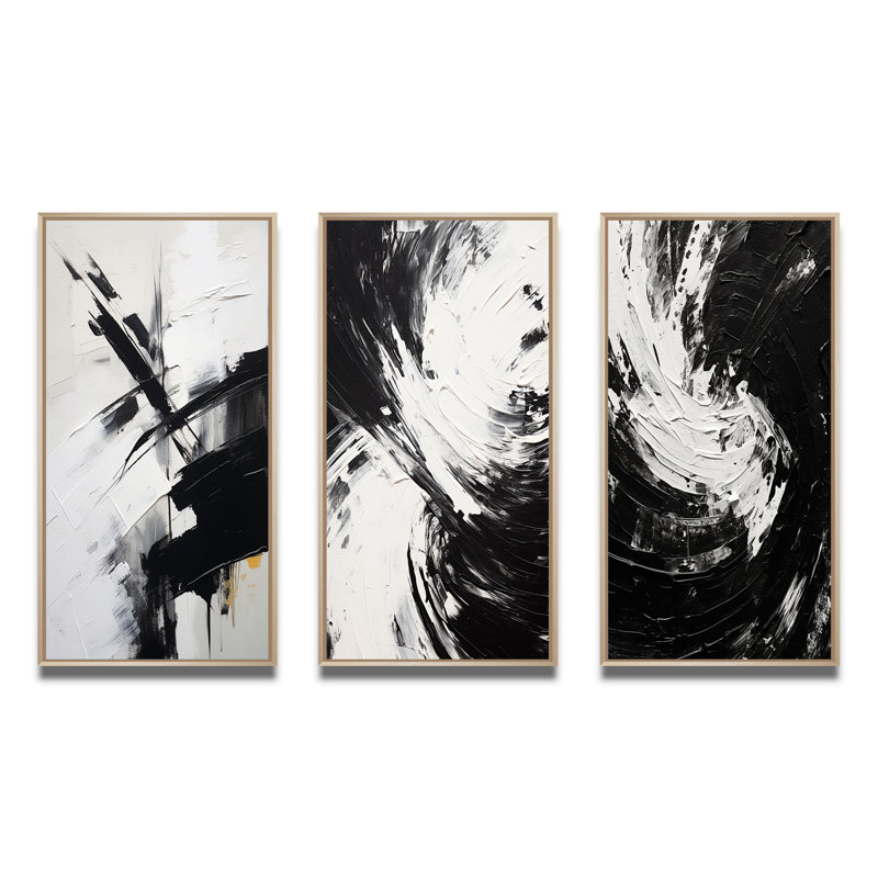 The Other Side Minimal Black & White Abstract III - Abstract Painting Art Set Of 3 Pieces, Encadré naturel, H 28 po x l 36 po