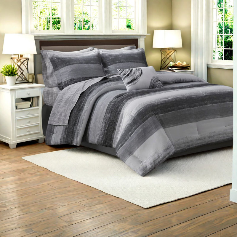 Ensemble de literie pour grand lit de luxe 9 pièces, microfibre ultra-douce avec draps en coton, motif à rayures moderne pour la chambre à coucher