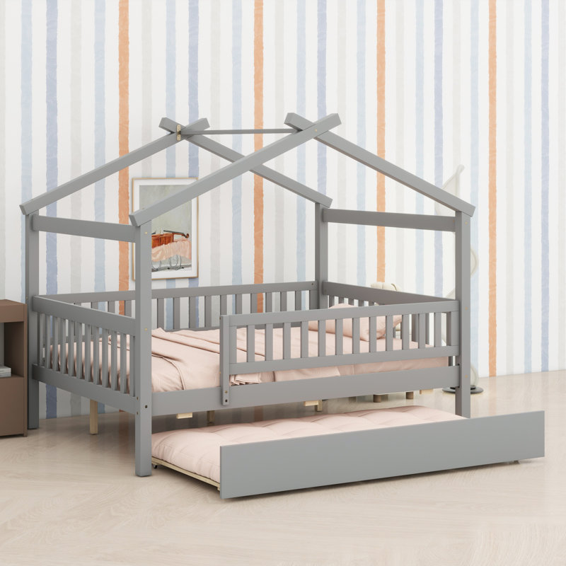 Wooden House Bed With Trundle, Grey