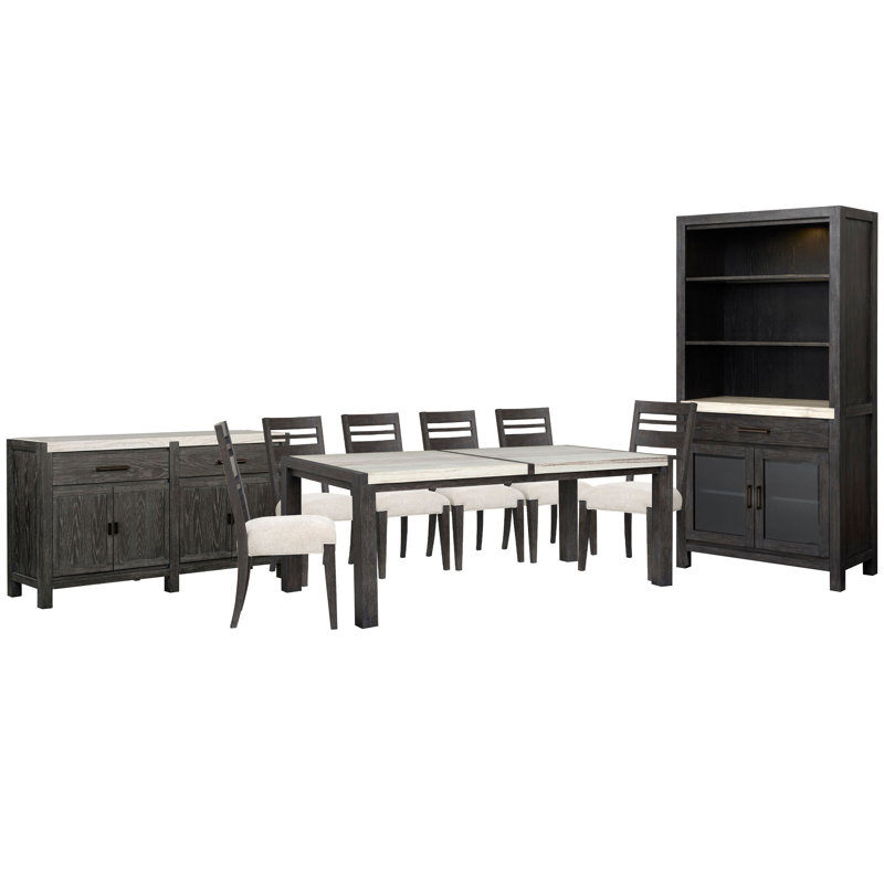 Rectangular Dining Table With 6 Side Chairs Sideboard And Display Cabinet, 9 Pcs: Table, 6 Chairs, Sideboard, Cabinet