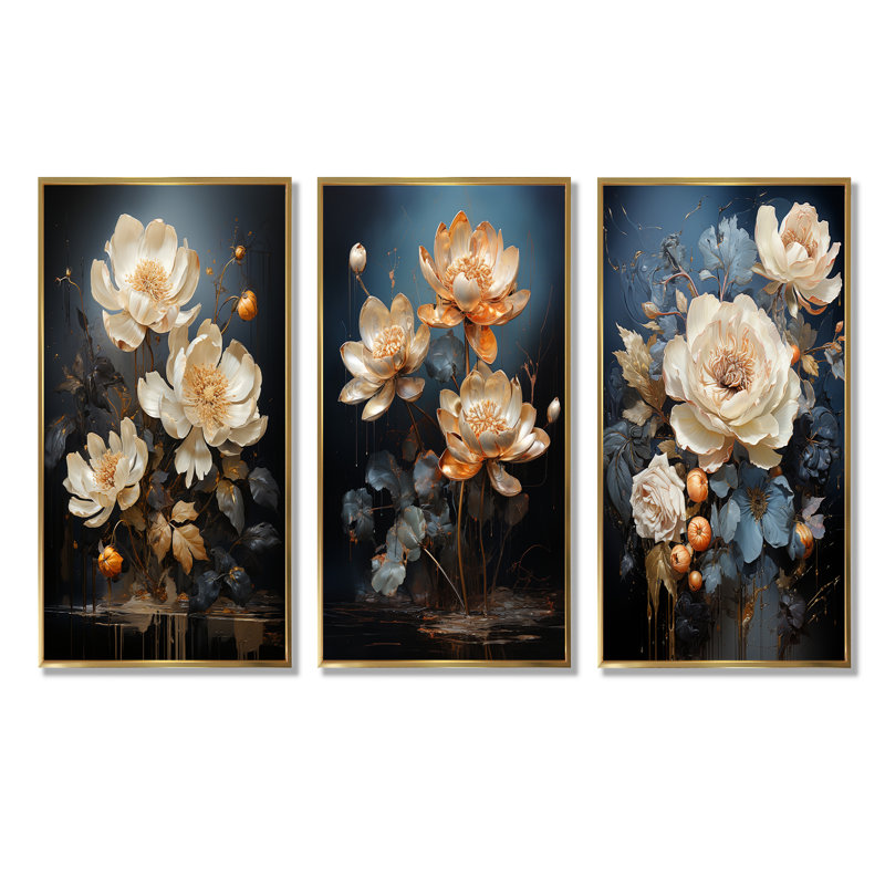 «Harmony Mystique Lotus», ensemble d'art mural sur toile de lotus, lot de 3, Cadre flottant doré, H 28 po x l 36 po