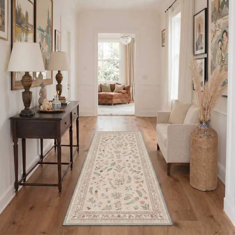 Adonis Aura Flora Boho Machine Washable Beige / Green Indoor Area Rug with Non-Slip Backing, Runner 2'6" x 8'