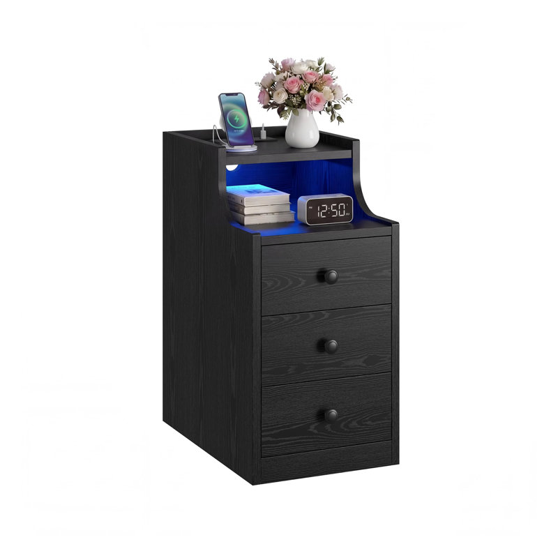 Table de chevet étroite 11,8 po avec station de charge et lumières DEL, table de chevet moderne à 3 tiroirs avec port de type C et tablettes ouvertes - noir