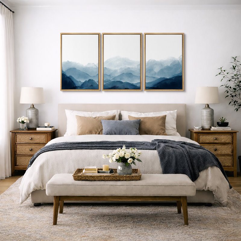 Pictures, Framed Canvas Giclee Print 3 Pieces Wall Art, Natural Frame, 36" H x 72" W x 1.5" D