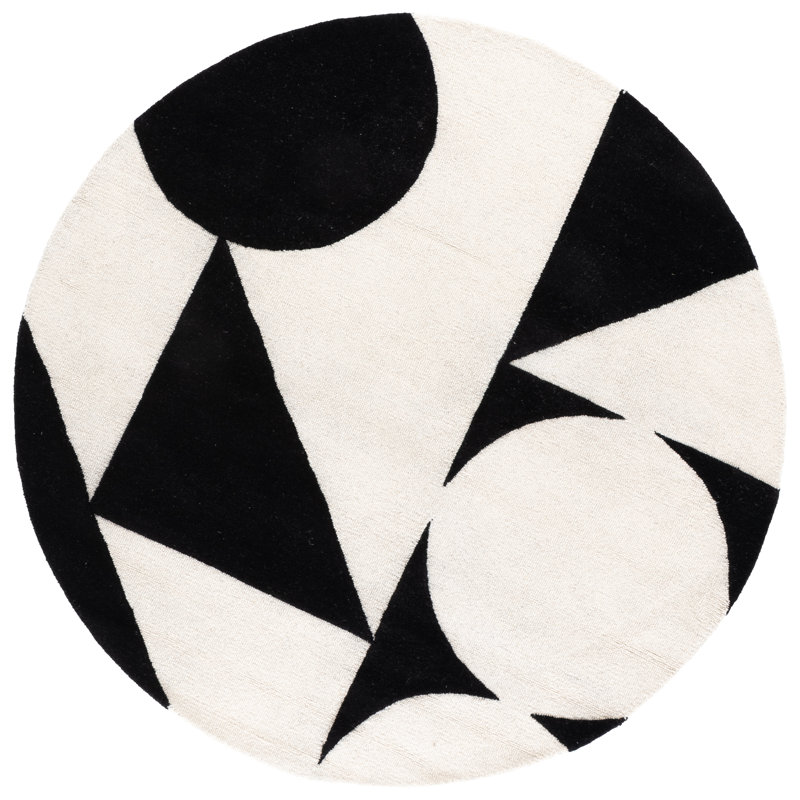 Tapis ivoire / noir en laine touffeté à la main à motif géométrique, Rond 6 pi