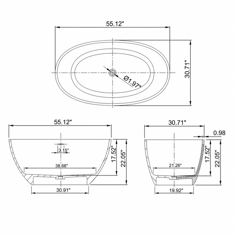 55" Solid Surface Freestanding Soaking Bathtub, Oval Light Beige Matte Finish, Light Beige