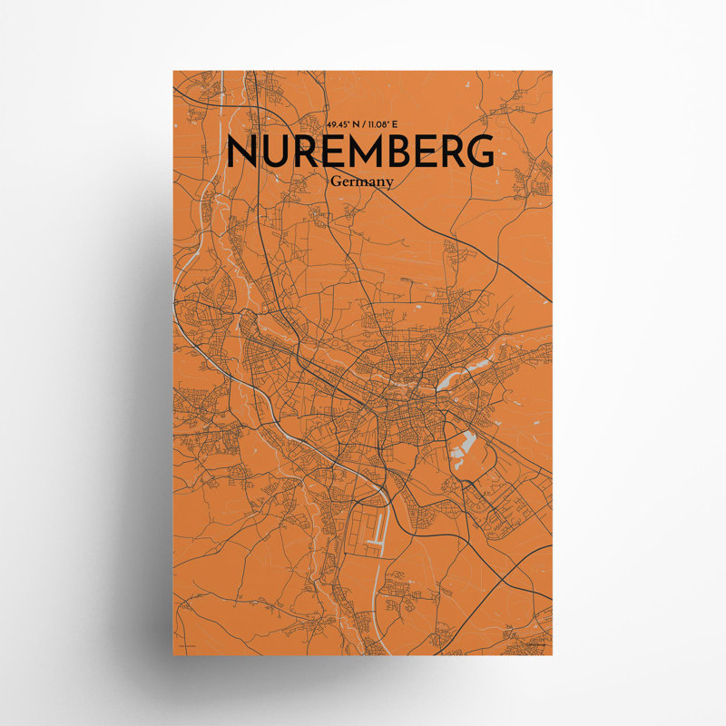 Nuremberg City Map In Orange - No Frame Print, 17cm H x 11cm W x 0.05cm D