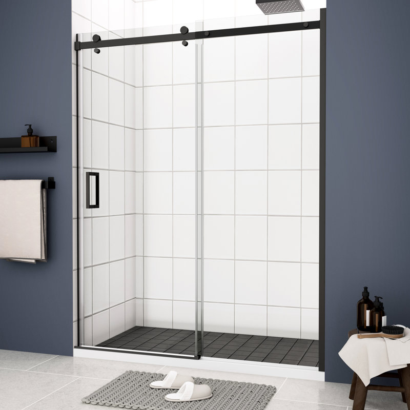 Matte Black Sliding Shower Door - 5/16" Tempered Glass, Good Leakage Function For Bathroom Low Maintenance