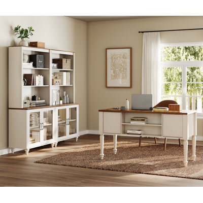 2 - Piece Office Set, 56" Executive Desk & Set Of 2 Bookcases With Glass Doors
