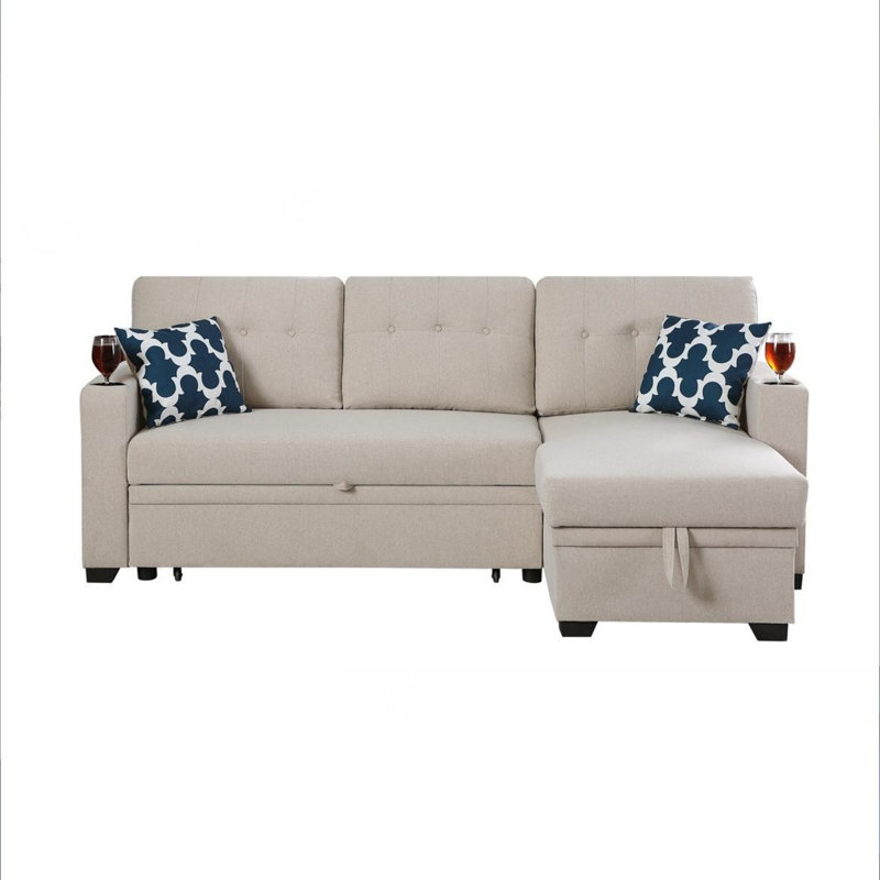 82" Width Sectional with storage chaise and cupholder armrest, Beige Linen