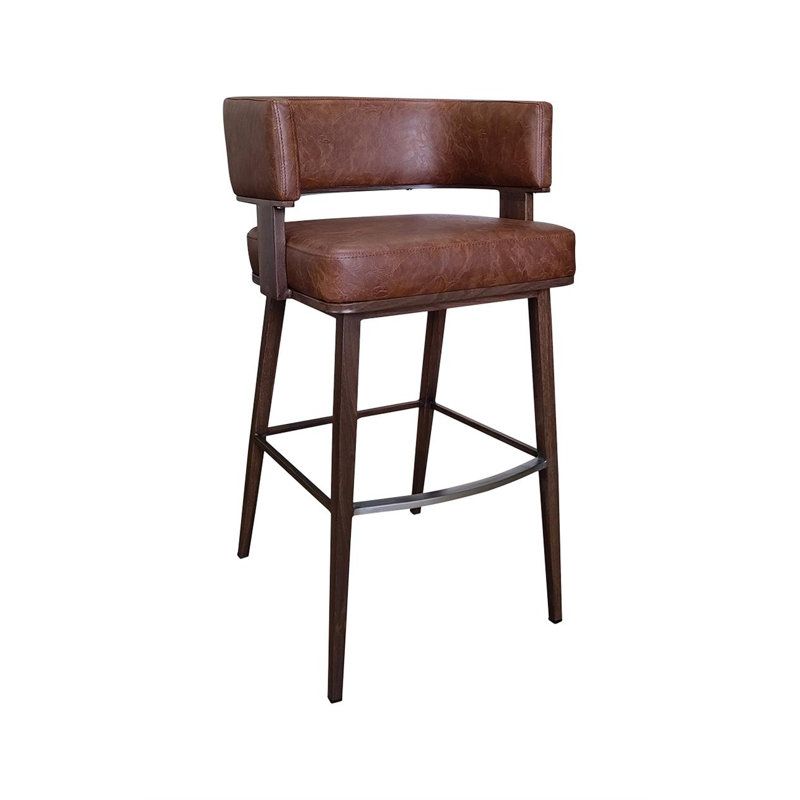 Tabouret de bar à dossier en bois et grain de bois avec assise et dossier en vinyle de couleur café