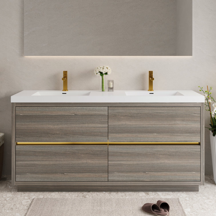 72" Freestanding Double Bathroom Vanity Modern Style Vanity with Integrated Solid Surface Countertop and 2 Sinks, 4 Soft Close Drawers