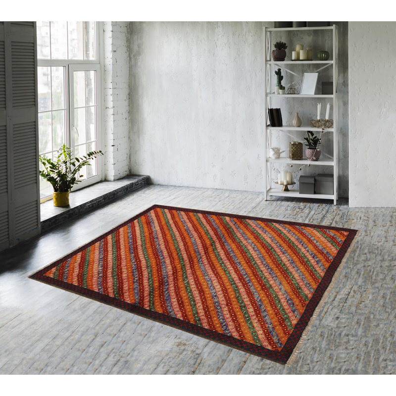Tapis orange rayé / gris / brun en laine noué à la main 3 pi 2 po x 4 pi 10 po Laudalino