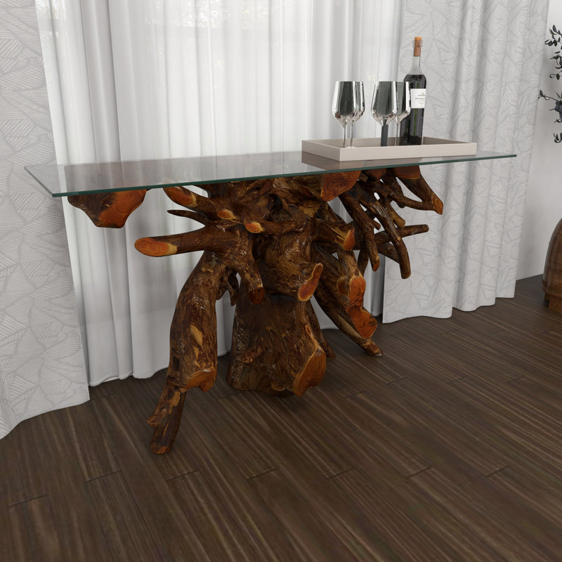Teak Wood Handmade Live Edge Tree Stump Console Table with Clear Glass Top