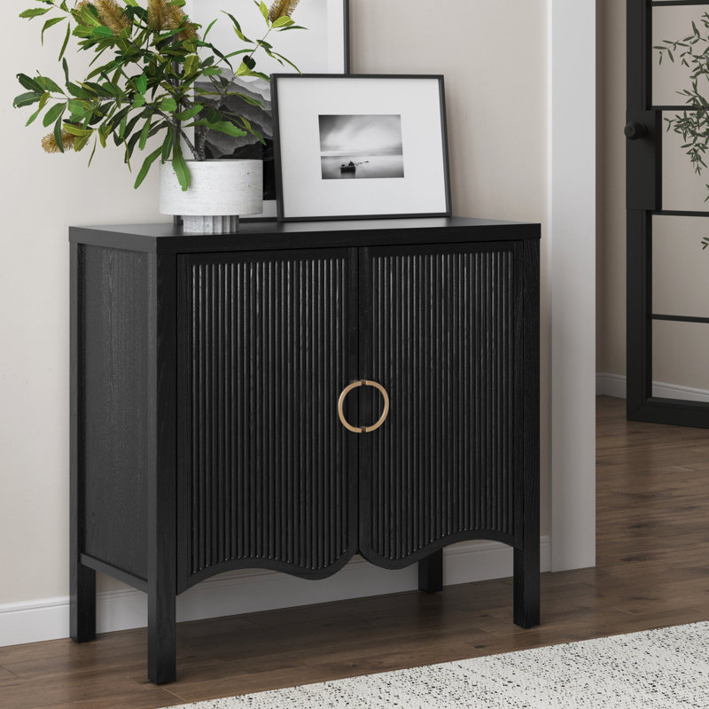Armoire d'appoint cannelée avec poignée en laiton, Noir, 1
